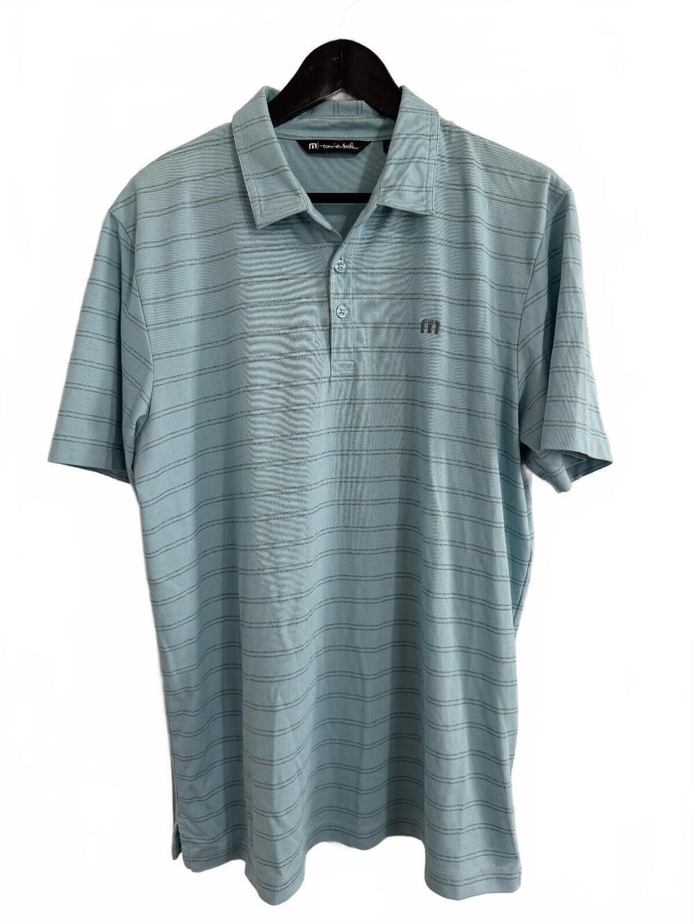 TravisMathew Blue and Gray Striped Polo Size XL